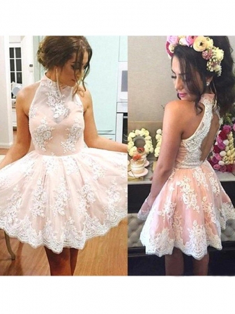 A-Line/Princess Sleeveless High Neck Lace Short/Mini Dresses