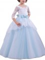 Ball Gown Jewel 1/2 Sleeves Lace Floor-Length Tulle Flower Girl Dresses