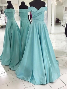 A-Line/Princess Off-the-Shoulder Sleeveless Sweep/Brush Train Ruched Satin Dresses