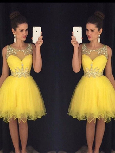 A-Line/Princess Scoop Sleeveless Beading Tulle Short/Mini Dresses