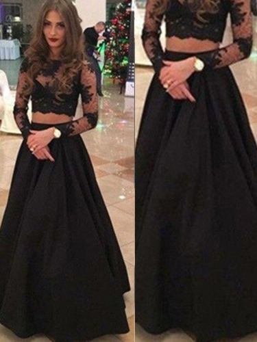 A-Line/Princess Long Sleeves Scoop Floor-Length Lace Dresses