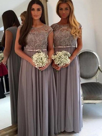 A-Line/Princess Scoop Floor-Length Applique Chiffon Bridesmaid Dresses