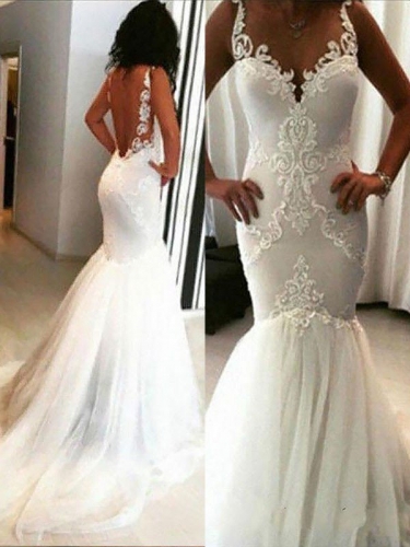 Trumpet/Mermaid Chapel Train Applique Spaghetti Straps Sleeveless Tulle Wedding Dresses