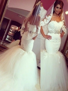 Trumpet/Mermaid Lace Tulle Sweetheart Sleeveless Court Train Wedding Dresses