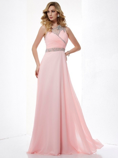 A-Line/Princess One-Shoulder Sleeveless Beading Chiffon Long Dresses [40112]