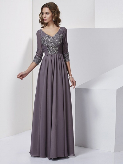 Sheath/Column V-neck Beading 3/4 Sleeves Long Chiffon Dresses [40129]