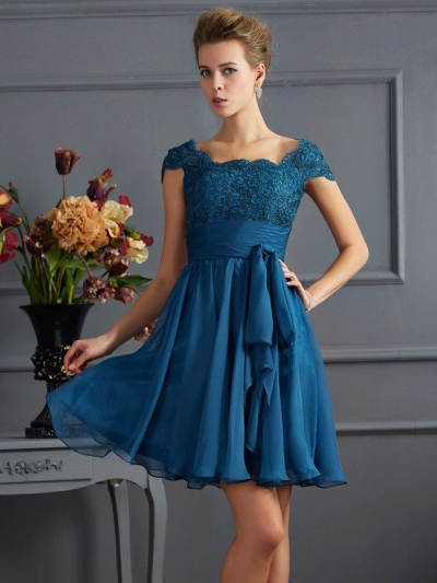 A-Line/Princess Scoop Short Sleeves Lace Short Chiffon Bridesmaid Dresses [40366]