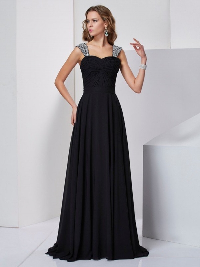 A-Line/Princess Straps Sleeveless Beading Long Chiffon Dresses