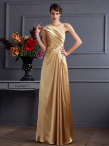 A-Line/Princess One-Shoulder Sleeveless Beading Long Elastic Woven Satin Dresses