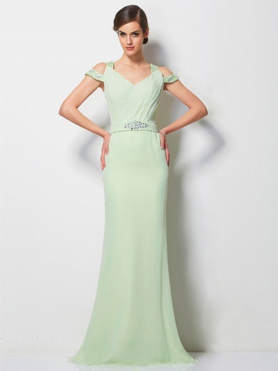 A-Line/Princess V-neck Sleeveless Beading Long Chiffon Dresses [40726]