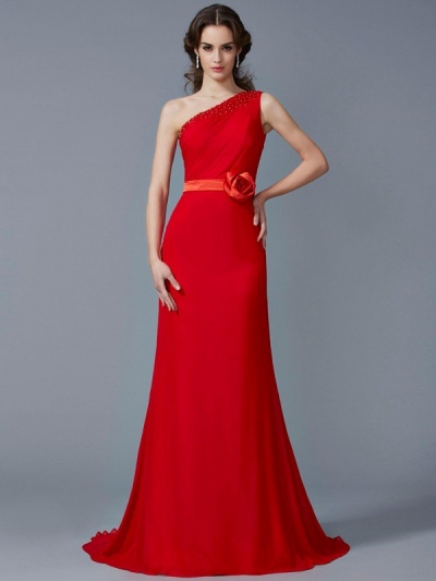 A-Line/Princess One-Shoulder Sleeveless Beading Long Chiffon Dresses