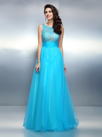 A-Line/Princess Bateau Beading Sleeveless Long Elastic Woven Satin Dresses