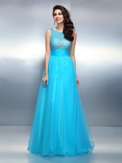 A-Line/Princess Bateau Beading Sleeveless Long Elastic Woven Satin Dresses [50024]