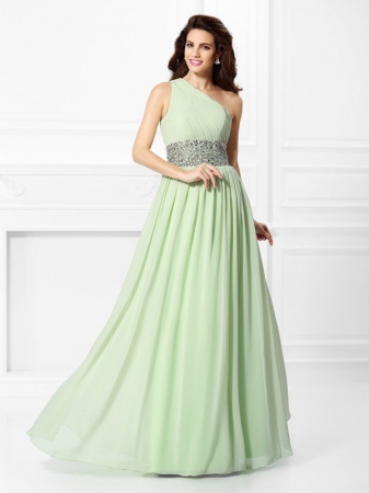 A-Line/Princess One-Shoulder Beading Sleeveless Long Chiffon Dresses