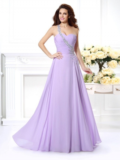 A-Line/Princess One-Shoulder Beading Sleeveless Long Chiffon Dresses [50108]