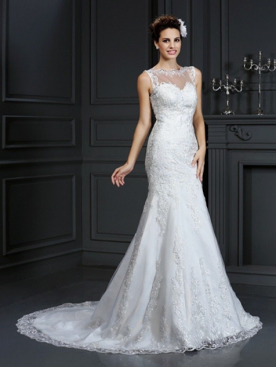 Sheath/Column Bateau Lace Sleeveless Long Satin Wedding Dresses [50122]