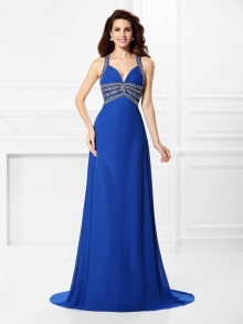 A-Line/Princess V-neck Beading Sleeveless Long Chiffon Dresses