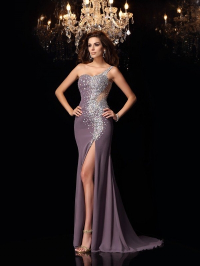 Trumpet/Mermaid One-Shoulder Rhinestone Sleeveless Long Chiffon Dresses [50236]