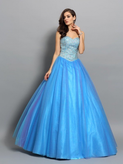 Ball Gown Sweetheart Beading Sleeveless Long Elastic Woven Satin Quinceanera Dresses [50271]