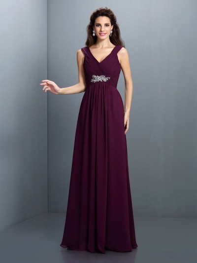 A-Line/Princess V-neck Beading Pleats Sleeveless Long Chiffon Bridesmaid Dresses [50425]