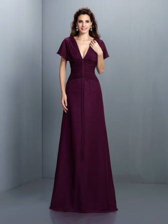 A-Line/Princess V-neck Ruched Short Sleeves Long Chiffon Dresses