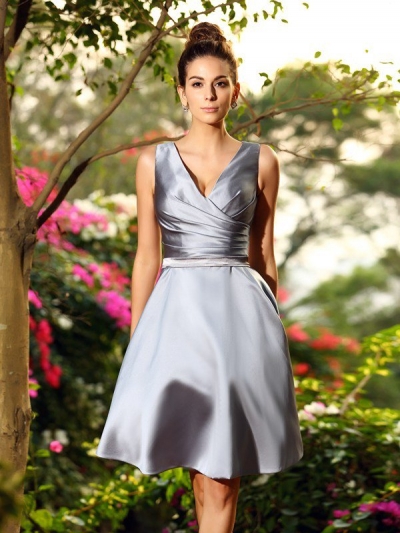 A-Line/Princess V-neck Ruched Sleeveless Short Satin Bridesmaid Dresses [50471]