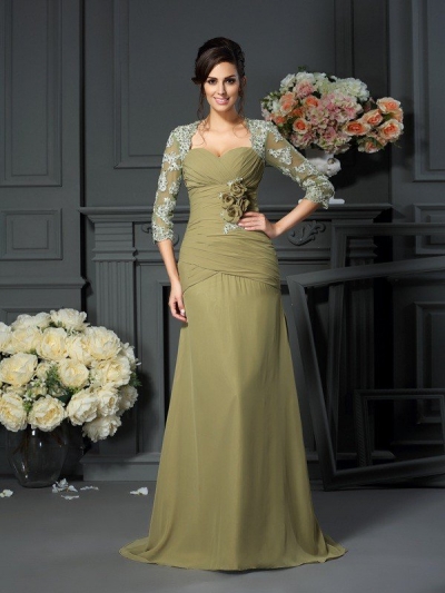 A-Line/Princess Sweetheart Hand-Made Flower 1/2 Sleeves Long Chiffon Mother of the Bride Dresses [50878]