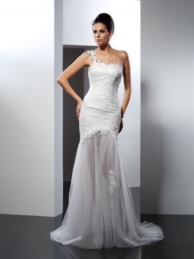 Trumpet/Mermaid One-Shoulder Lace Sleeveless Long Lace Wedding Dresses [51051]