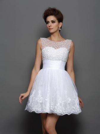 A-Line/Princess Bateau Pearls Sleeveless Short Elastic Woven Satin Cocktail Dresses