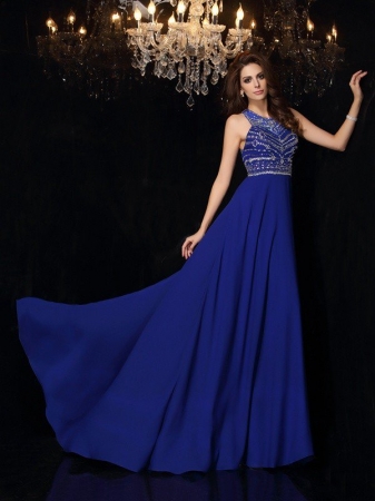 A-Line/Princess High Neck Beading Sleeveless Long Chiffon Dresses