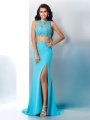 Trumpet/Mermaid Sheer Neck Beading Sleeveless Long Chiffon Two Piece Dresses