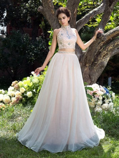 A-Line/Princess High Neck Beading Sleeveless Long Net Two Piece Dresses [60158]