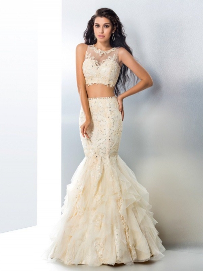 Trumpet/Mermaid Sheer Neck Beading Sleeveless Long Tulle Two Piece Dresses [60161]