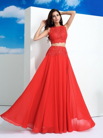 A-Line/Princess Scoop Lace Sleeveless Long Chiffon Two Piece Dresses [60180]