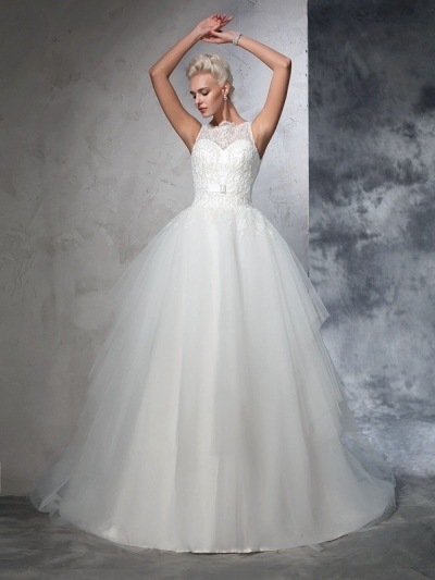 Ball Gown Bateau Applique Sleeveless Long Net Wedding Dresses [60230]