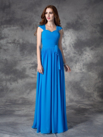 A-line/Princess Straps Ruffles Sleeveless Long Chiffon Bridesmaid Dresses [60277]