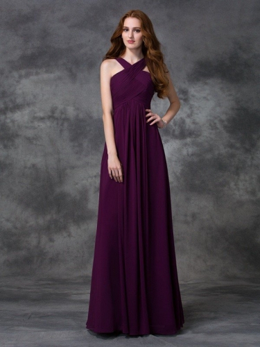 A-line/Princess Straps Ruched Sleeveless Long Chiffon Bridesmaid Dresses