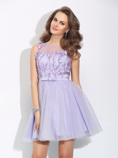 A-Line/Princess Bateau Applique Sleeveless Short Satin Dresses [60339]