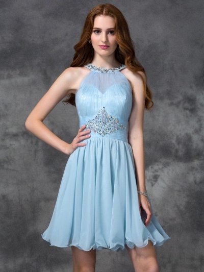 A-line/Princess Scoop Beading Sleeveless Short Chiffon Cocktail Dresses [60398]