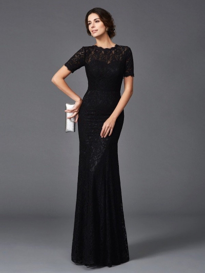 Sheath/Column Jewel Lace Short Sleeves Long Elastic Woven Satin Mother of the Bride Dresses [60489]