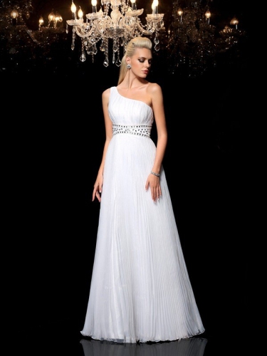 A-Line/Princess One-Shoulder Beading Sleeveless Long Organza Dresses