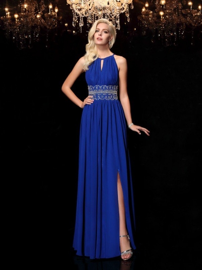 A-line/Princess Jewel Beading Sleeveless Long Chiffon Dresses [60609]