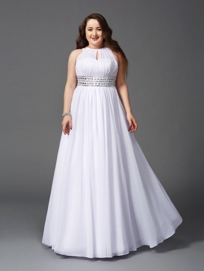 A-Line/Princess Jewel Beading Sleeveless Long Chiffon Plus Size Dresses