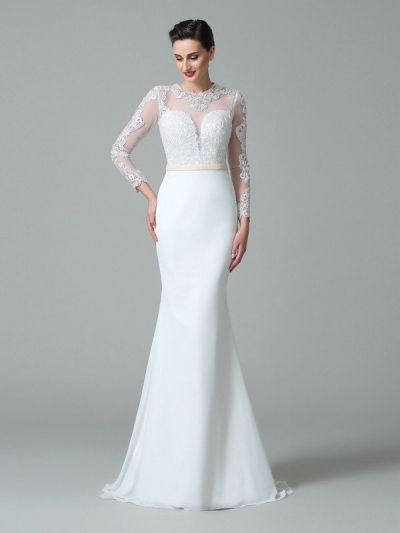 Trumpet/Mermaid Jewel Lace Long Sleeves Long Satin Wedding Dresses [60661]