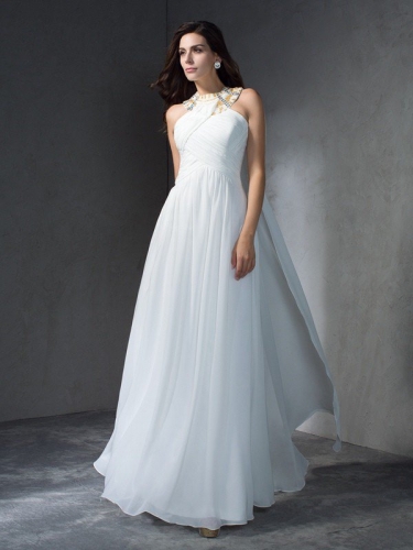 A-Line/Princess Jewel Beading Sleeveless Long Chiffon Dresses