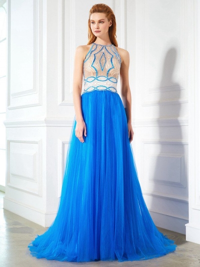 A-Line/Princess Jewel Beading Sleeveless Floor-Length Net Dresses [70052]