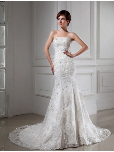 Trumpet/Mermaid Beading Strapless Sleeveless Lace Satin Wedding Dresses [N13ZAYS564]