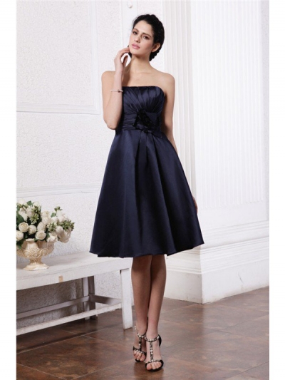 A-Line/Princess Strapless Sleeveless Pleats Hand-Made Flower Short Elastic Woven Satin Bridesmaid Dresses [N13ZYDRESS176]