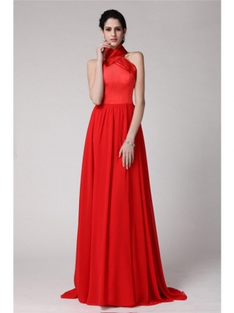 Sheath/Column Halter Sleeveless Pleats Long Elastic Woven Satin Chiffon Bridesmaid Dresses