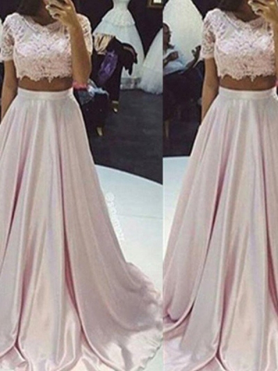 A-Line/Princess Sleeveless Scoop Floor-Length Lace Taffeta Two Piece Dresses [PO16033PO377]